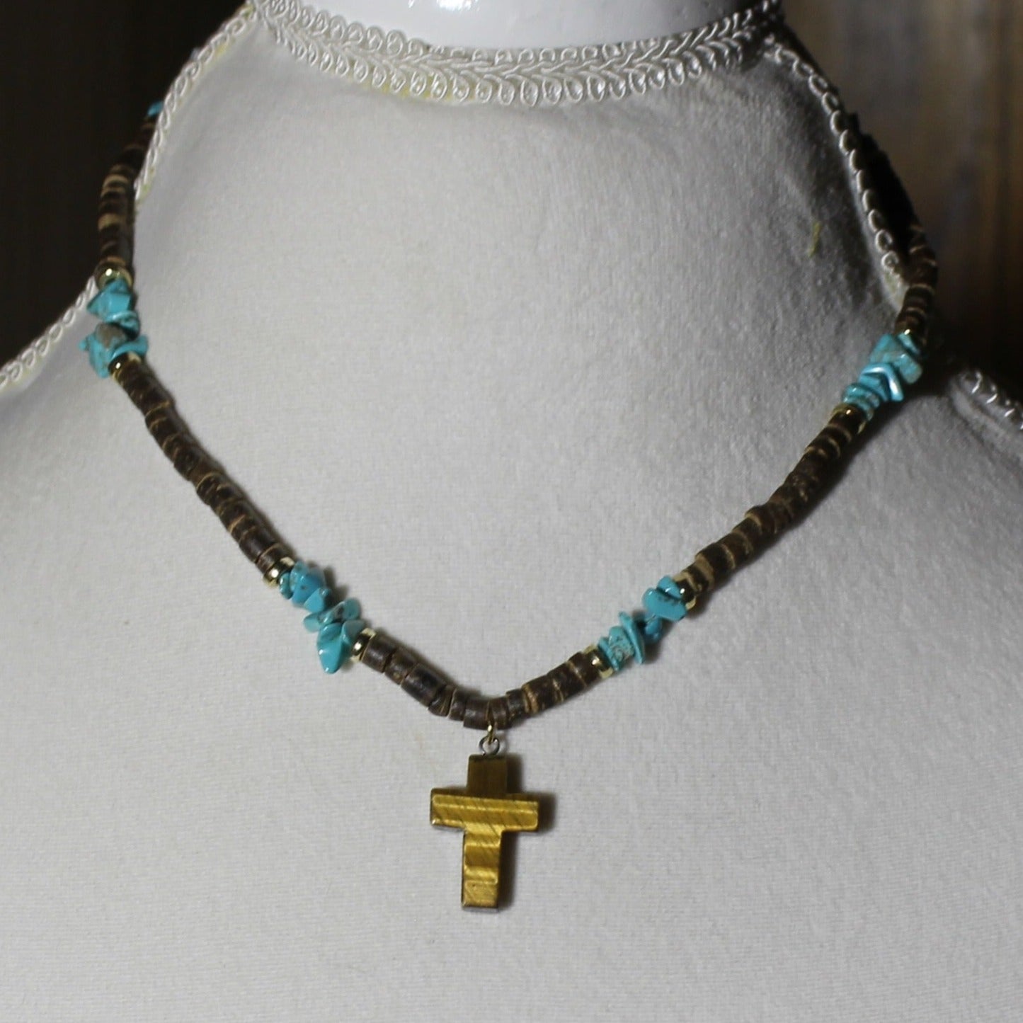 Turquoise & Wood Cross Necklace